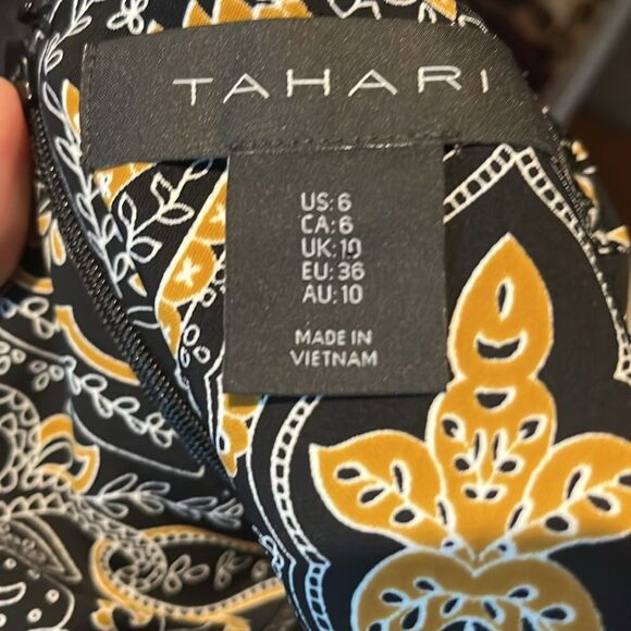 Tahari Black and Gold Mini Sheath Dress with 3/4 Sleeves - Picture 11 of 15